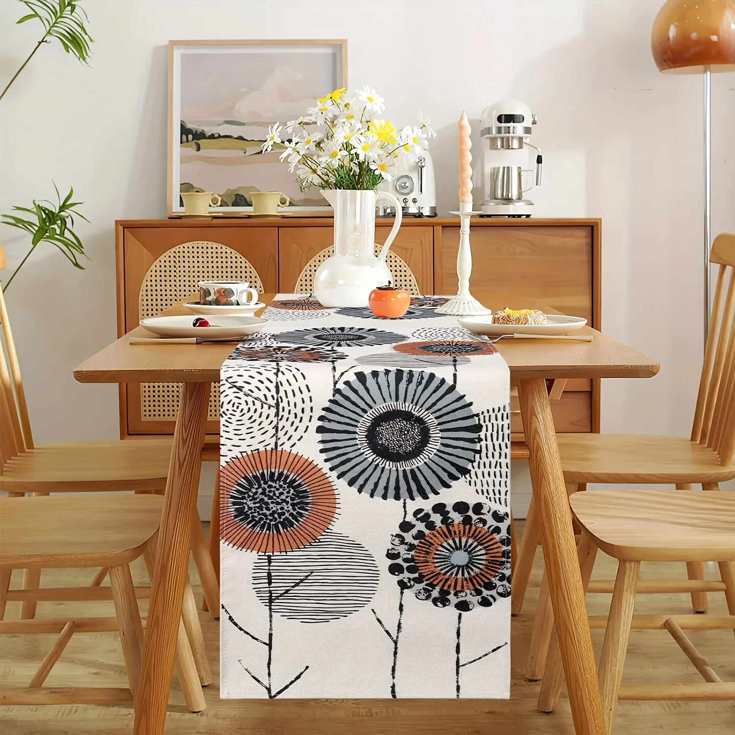 1 Piece of Art Abstract Flower Painting Table Runner, Light Background with Black and Brown Contrasting Flower Pattern Table Runner, Suitable for Art Studios, Creative Restaurants, Home Soft Furnishings, Gallery Events, Handicraft Markets, Fashion Cafes, Literary Tea Parties, Model Room Decorations