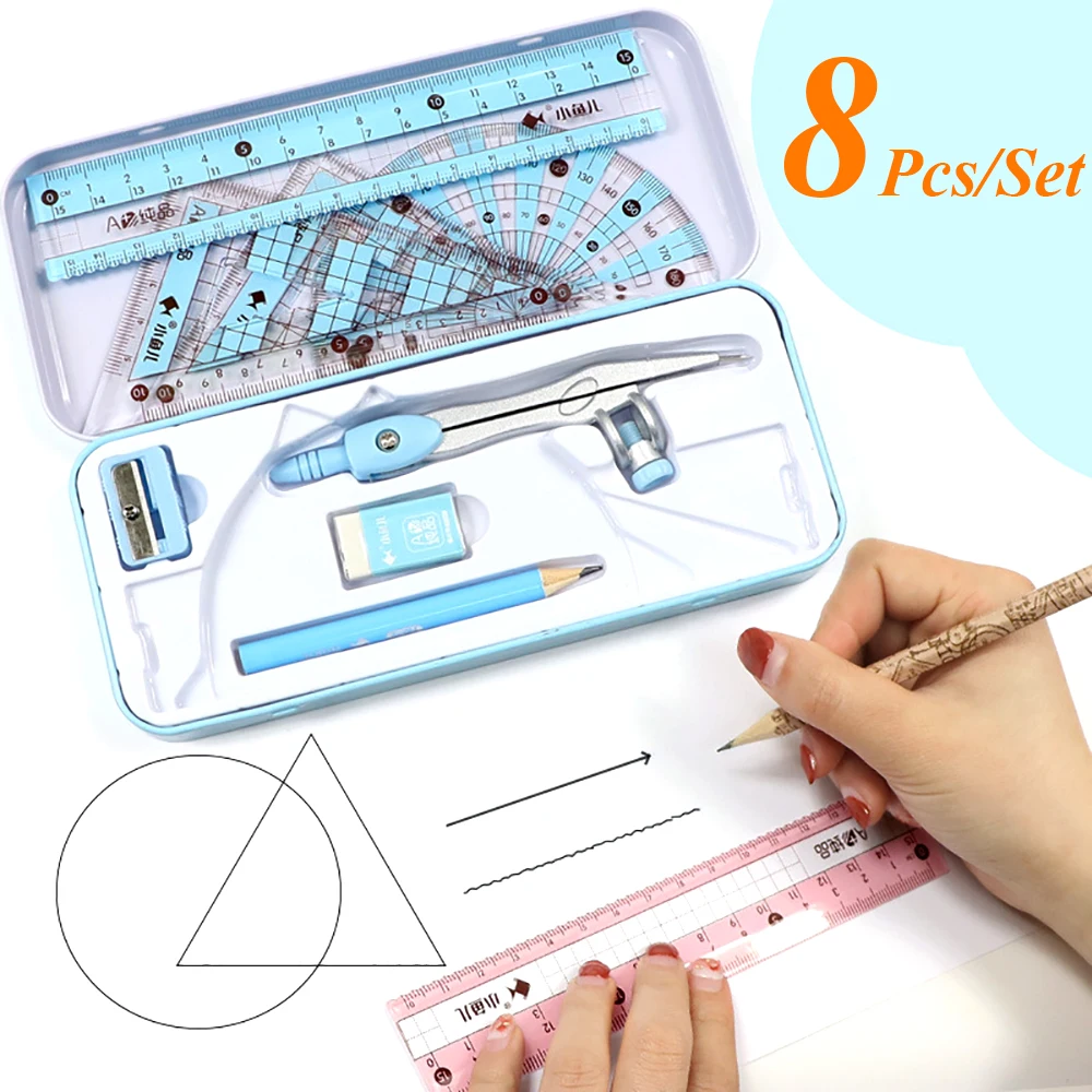 8Pcs/Set Compasses Rulers Professional Drawing Tools Geometry Maths Art Drawing Supplies Office Student Stationery Gift Prizes