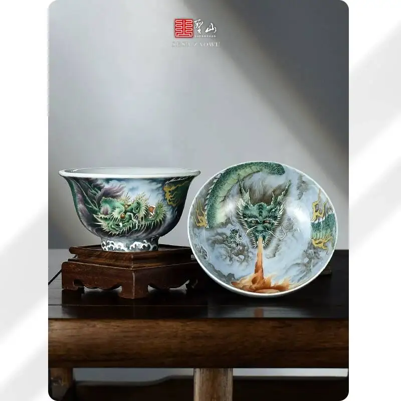

Sacred Mountain Jingdezhen Pastel Azure Master Cup, Hand-Painted Dragon Soaring Across The Sea Ceramic Set Tea Cup
