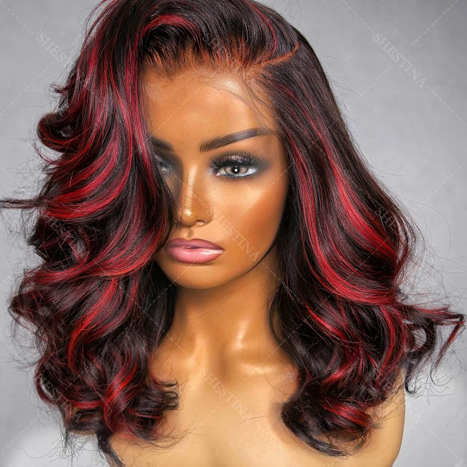 

1B/99J Highlight Short Bob Wig Body Wave 5x5 Glueless Wig Human Hair PrePlucked Ombre Red With Black Colored 13x4 Lace Wig 200%