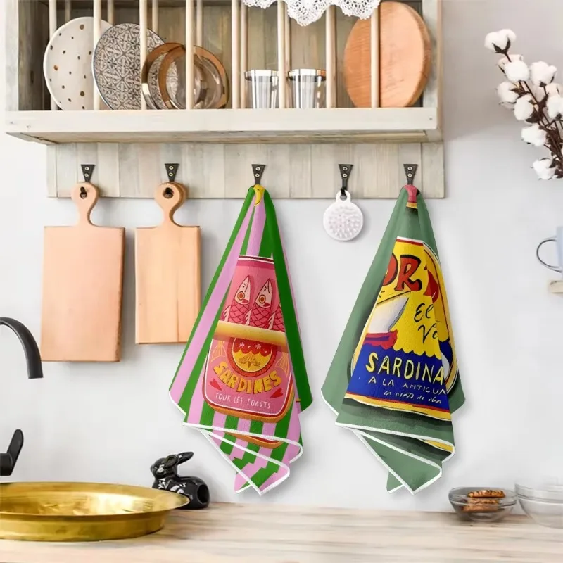 2Pcs, Pink and Green Color-Blocking Quirky Seafood Can Design Kitchen Towels 40Cm*60Cm Towel Set, Super Absorbent Cleaning Cloth