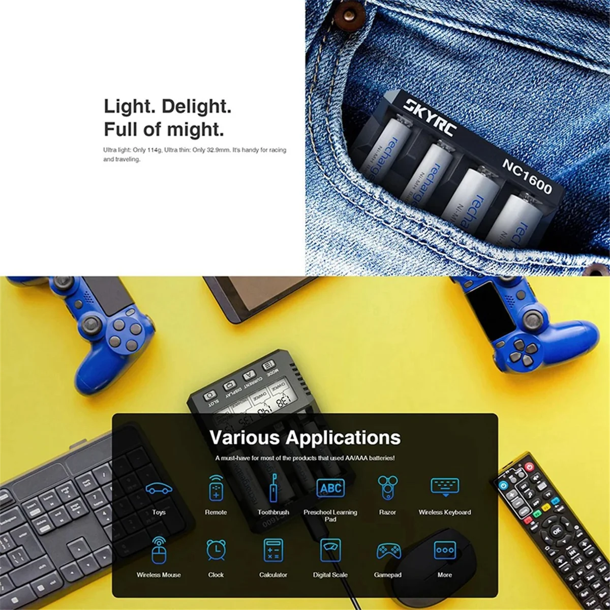A39R-SKYRC NC1600 Battery Charger AA/AAA NiMH NiCr Battery Charger with Analyzer Portable Utility Charger