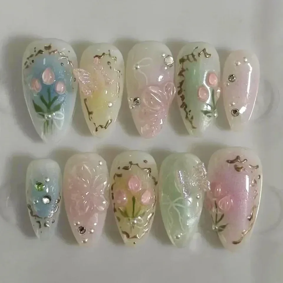 24 uñas postizas rosas almendra con mariposas, diseño ballet francés, uñas postizas simples, tips de arte 2