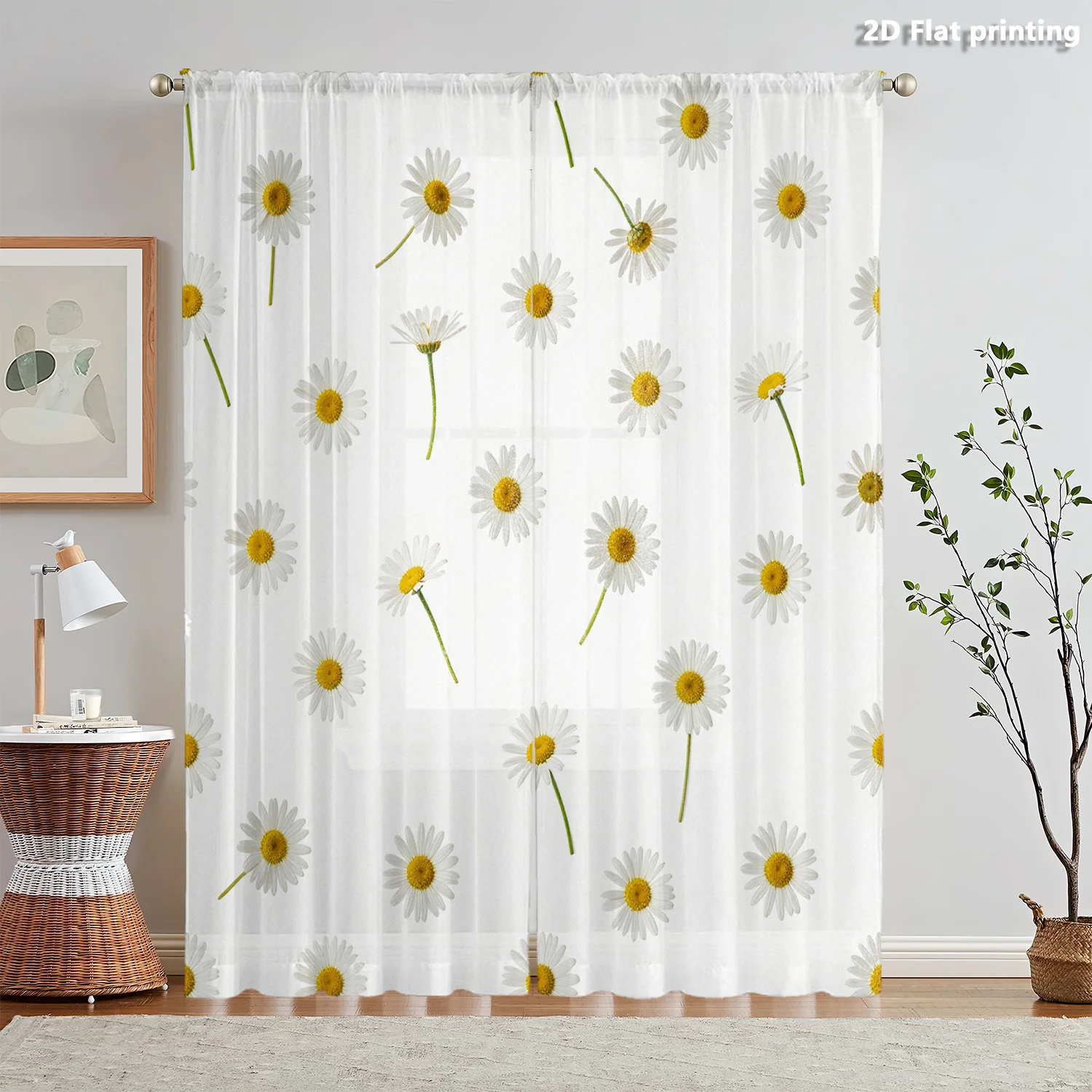 

2D FLAT 2pcs Sheer Curtains Daisy Flower Pattern Print Design Rod Pocket Window Drapes, Filtering Panels for Bedroom Living Room