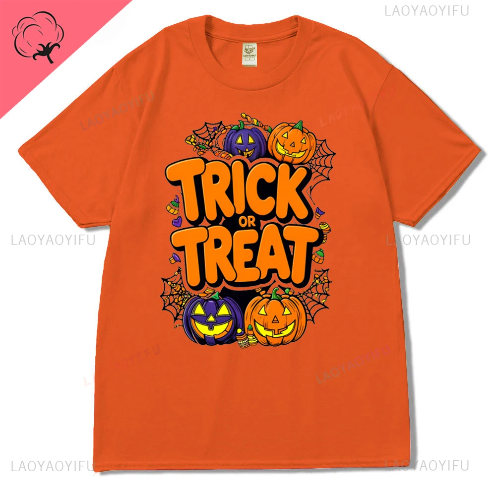 Trick or Treat Pumpkin Lamp Cartoon Graphics Printed Hallowmas Cotton T Shirt Streetwear Short Sleeve Tshirt Hipster Women Tees