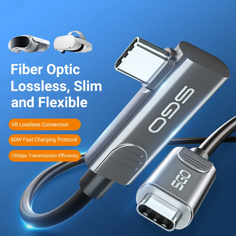 Ultra Slim USB C Fiber Optic Cable Right Angle VR Cable 10Gbps USB 3.2 Gen2 Active Optical Data Transfer for VR/AR PD60W Charge