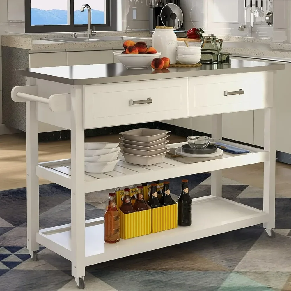 

Kitchen Island 47’’ Stainless Steel Top Rolling Utility Cart on Wheels with Drawers and Storage Shelves