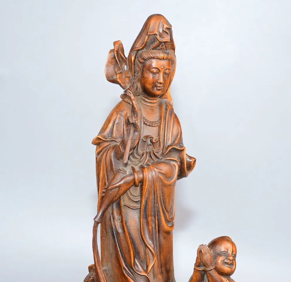Tibetan Temple Collection Old Boxwood child Sending off the Child Guanyin Station Buddha Amitabha Buddha