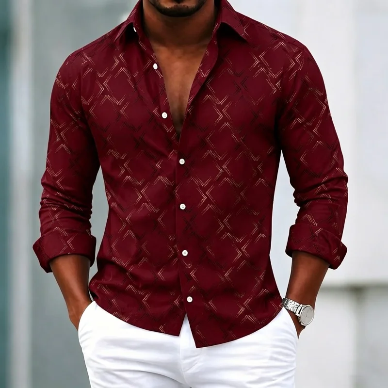 Men's shirt with geometric diamond grid printed long sleeved shirt for spring business and leisure, loose collared men's shirt