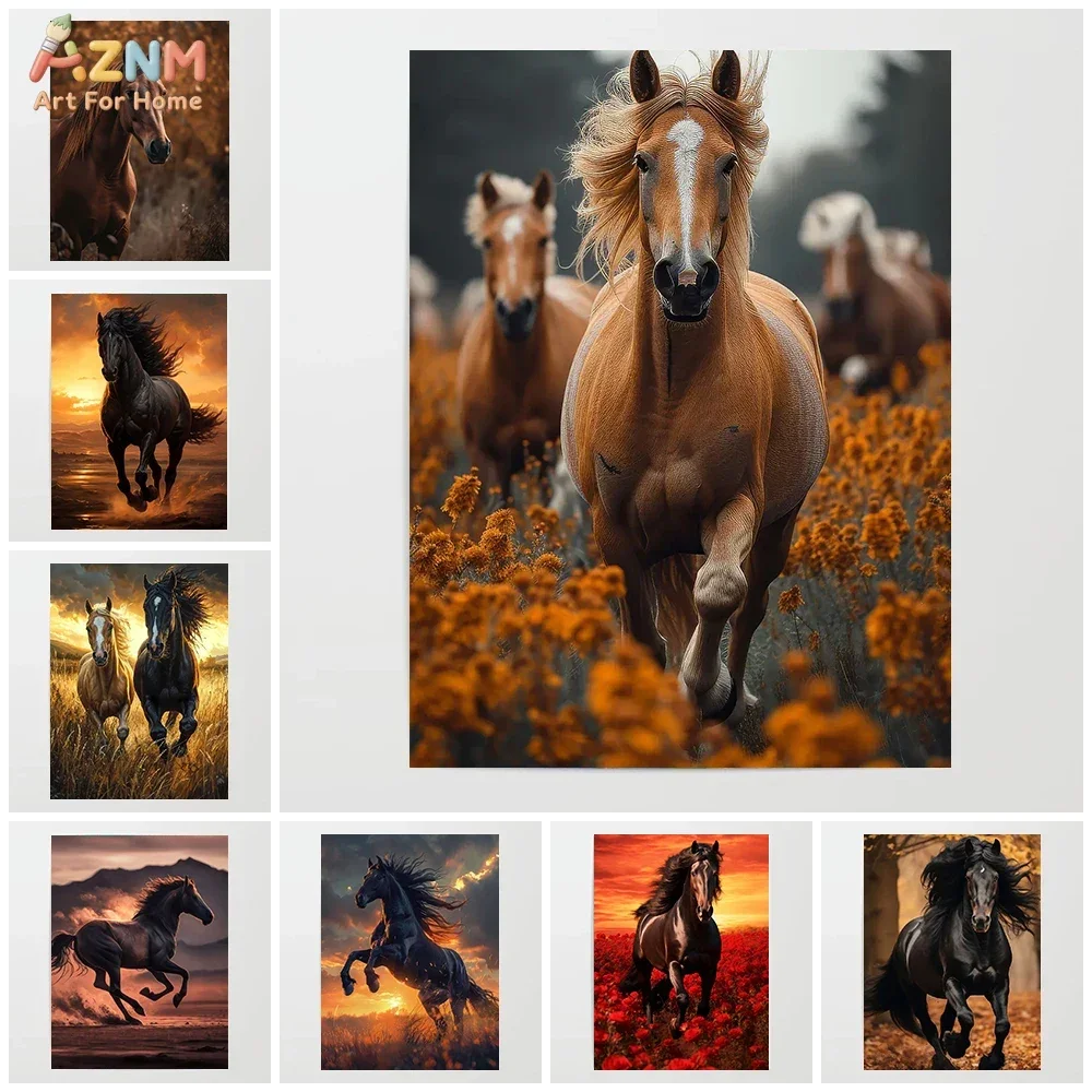 AZNM Running Horse Canvas Wall Art Wild Stallion Sunset Flower Field Poster Print Animal Portrait Modern Home Decor Unframed Can