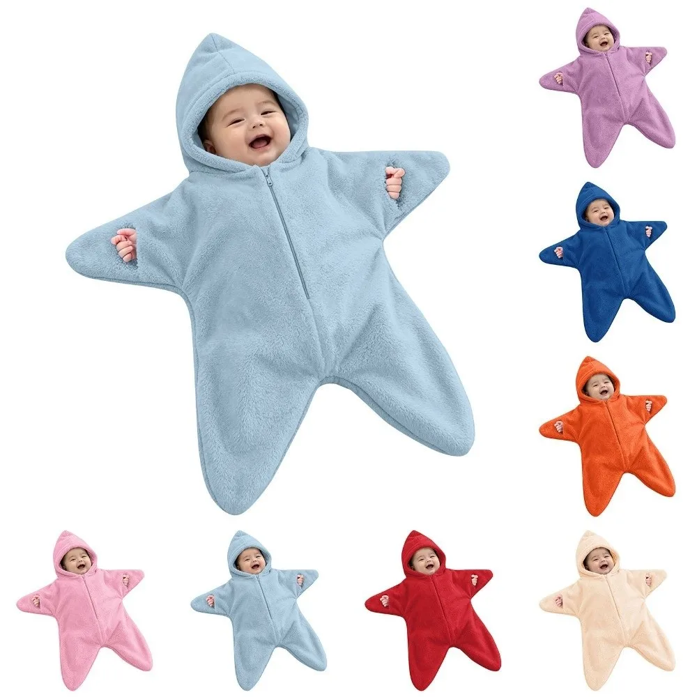Cute Flannel Newborn Hooded Romper Star Shape Keep Warm Baby Fleece Bunting Romper Soft Halloween Footie Jumpsuit Winter