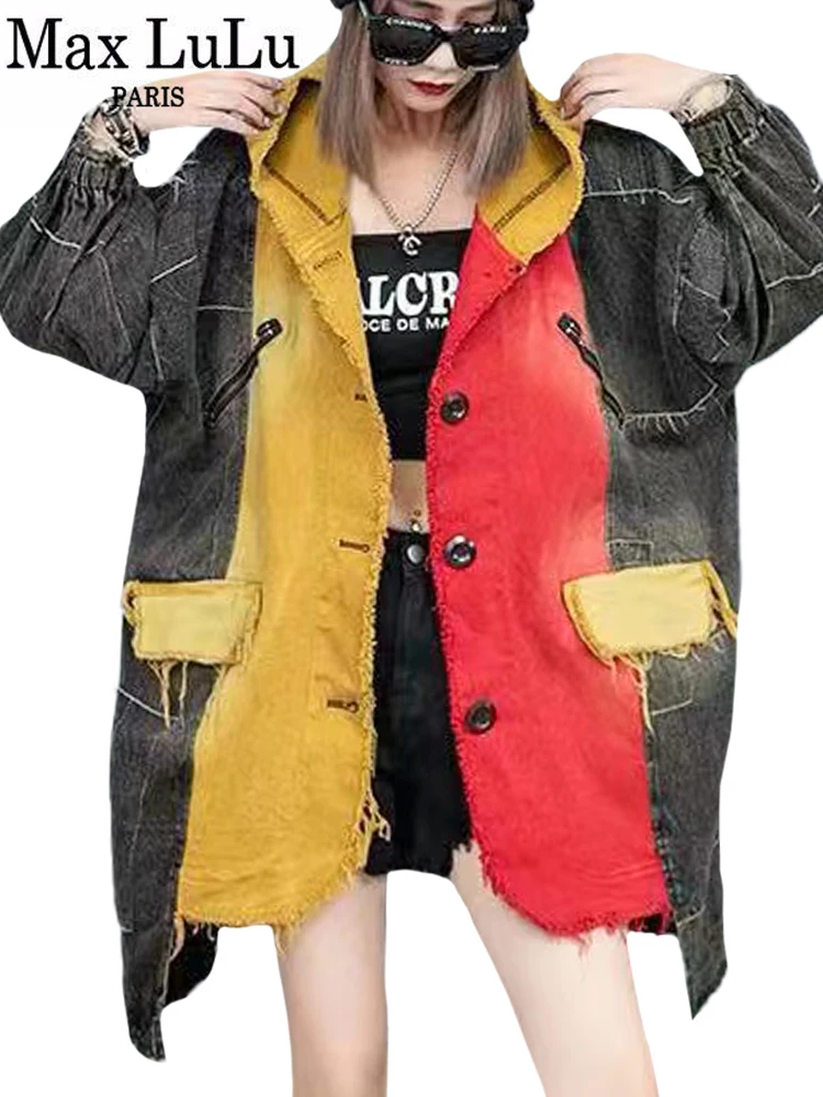 Max LuLu Winter Fashion Streetwear 2023 Ladies Vintage Loose Denim Hooded Trench Coats Womens Casual Punk Big Size Windbreakers