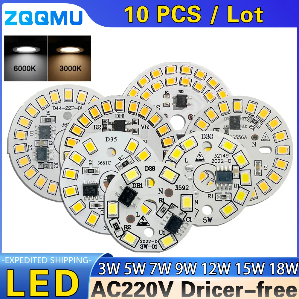 Placa de fuente de luz LED sin controlador, Bombilla redonda de alto voltaje de 2835 V, 10 piezas, 3W, 5W, 7W, 9W, 12W, 15W, 18W, 220