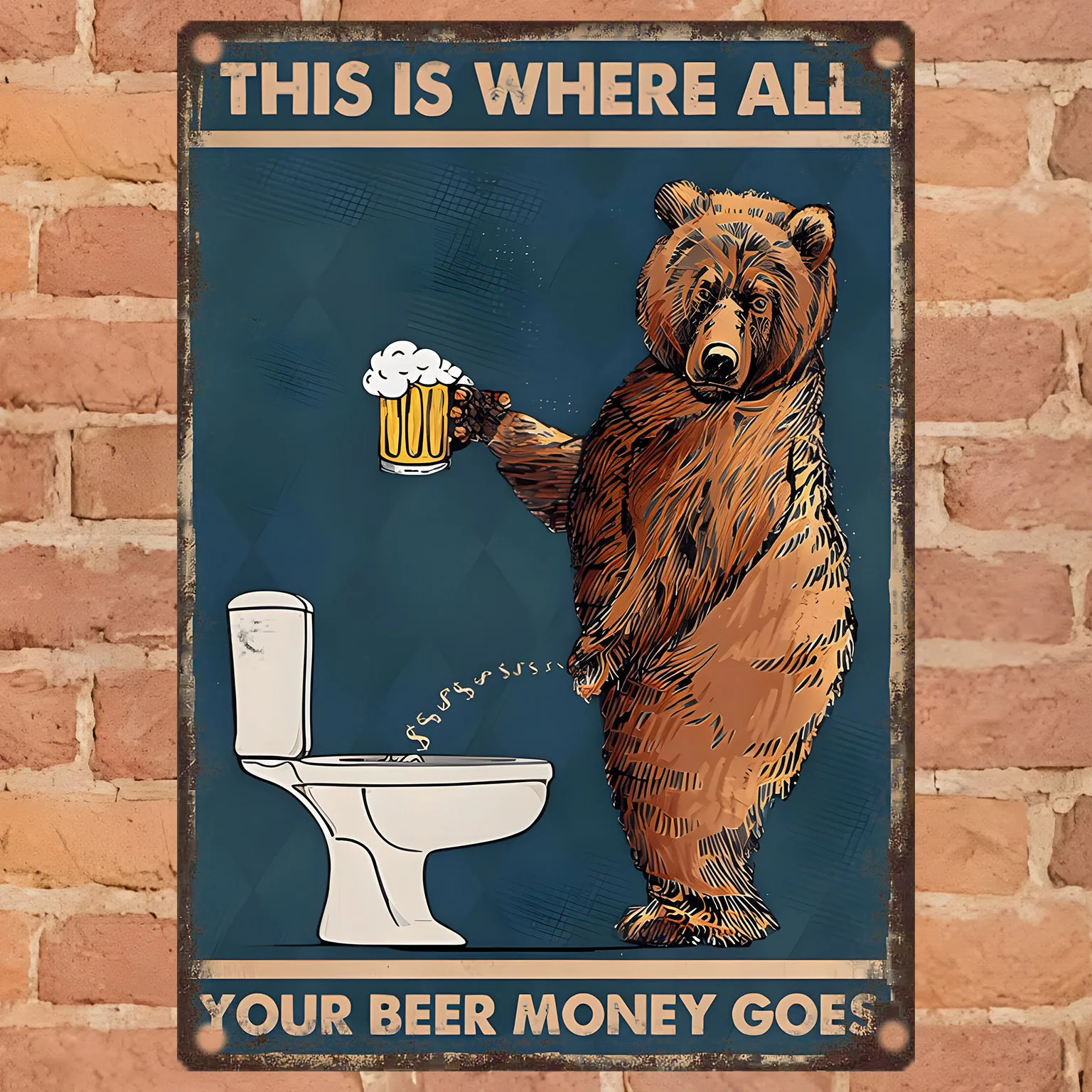 Vintage Beer Money Quote Metal Wall Sign -  Retro Tin Art with Humorous Bear Design, Pre-Drilled Holes for Easy Hanging, Perfect