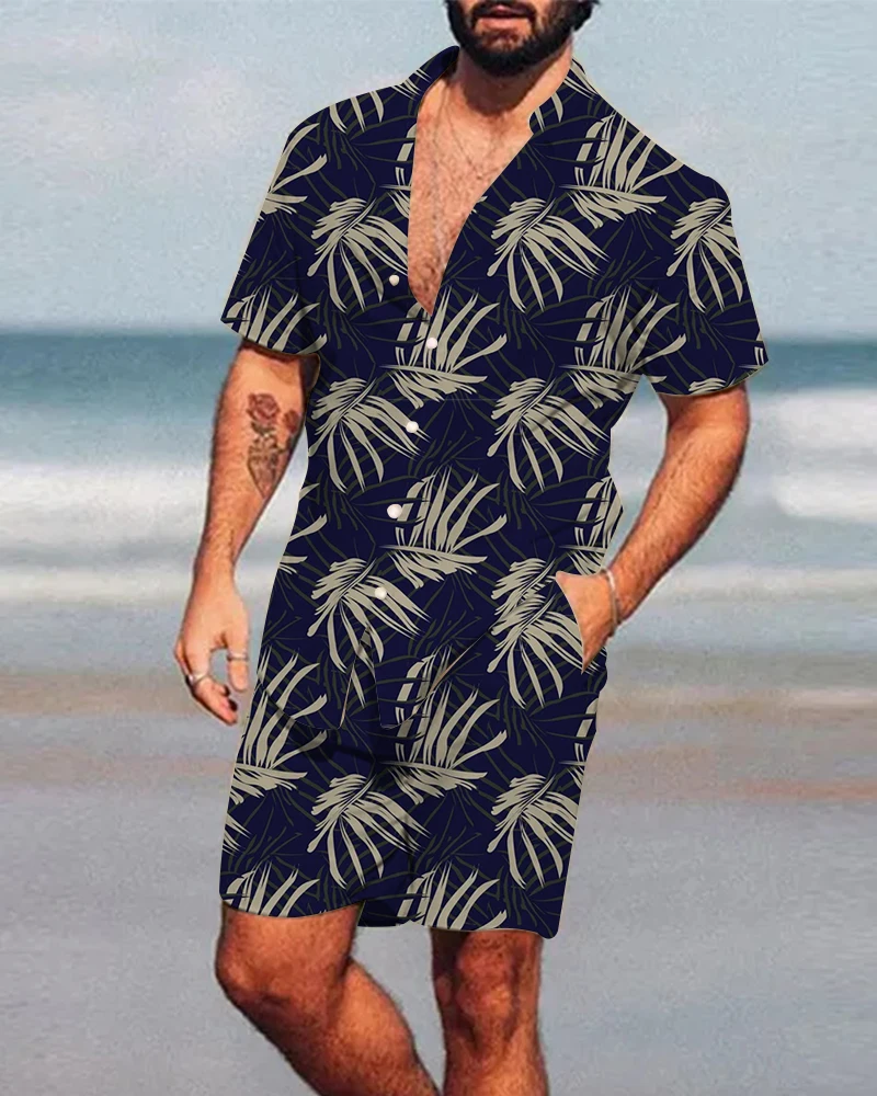 Summer Beach Party Men\'s Casual Shirt Outdoor Sports Men\'s Shorts Men\'s Hawaii Short Sleeve Shirt and Beach Shorts Set