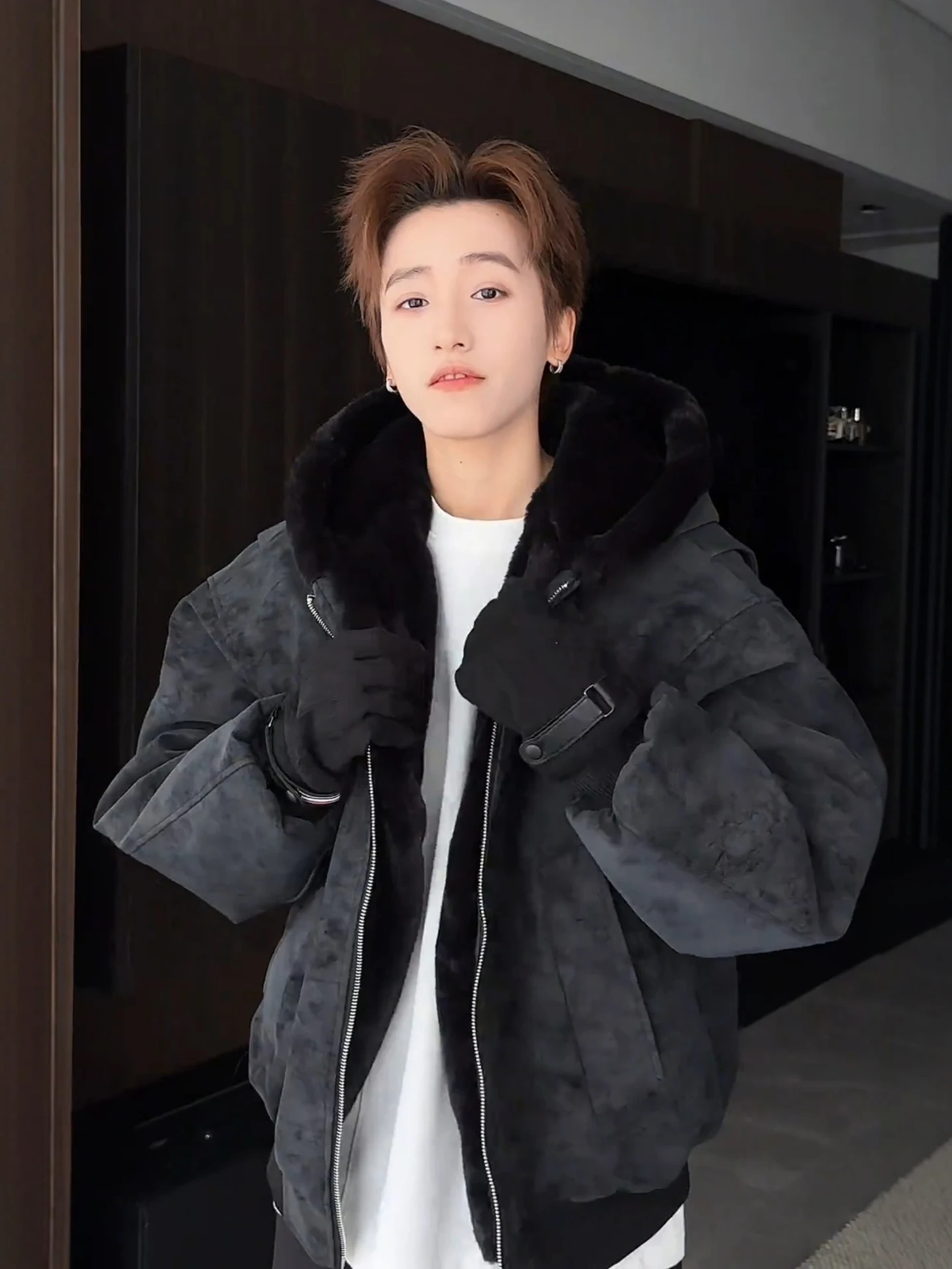 

Men's Winter Padded Hooded Cotton Jaet Bla Matte PU Leather ort American Sle Fce Lined Casual Faionable Coat