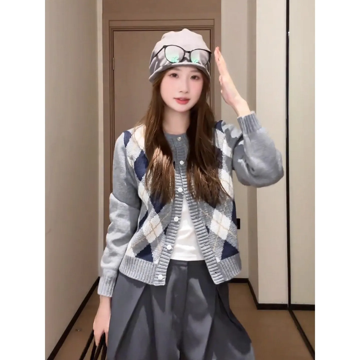 الكورية Sle ey Long Sve سترة معطف المرأة الخريف تصميم محبوك المعين نمط زر حتى سليم صالح جولة Ne الأعلى #3