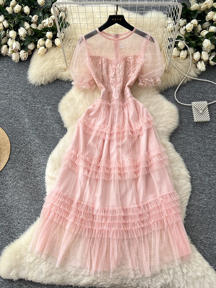 

Summer New Women's Birthday Mesh Cake Dress Light Luxury Diamond Studded Lace Patchwork Black Pink Short Sleeved Party Dress S62