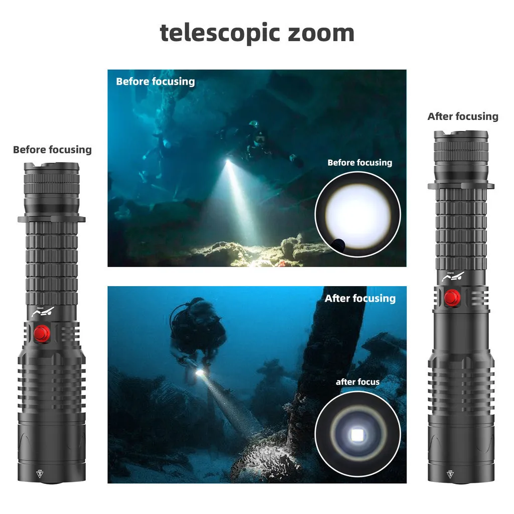 Puteer Zoomable Flashlight for Diving Torchlight Focusable Waterproof Flashlight Rotating Zoom Flashlight Zoom in & Out