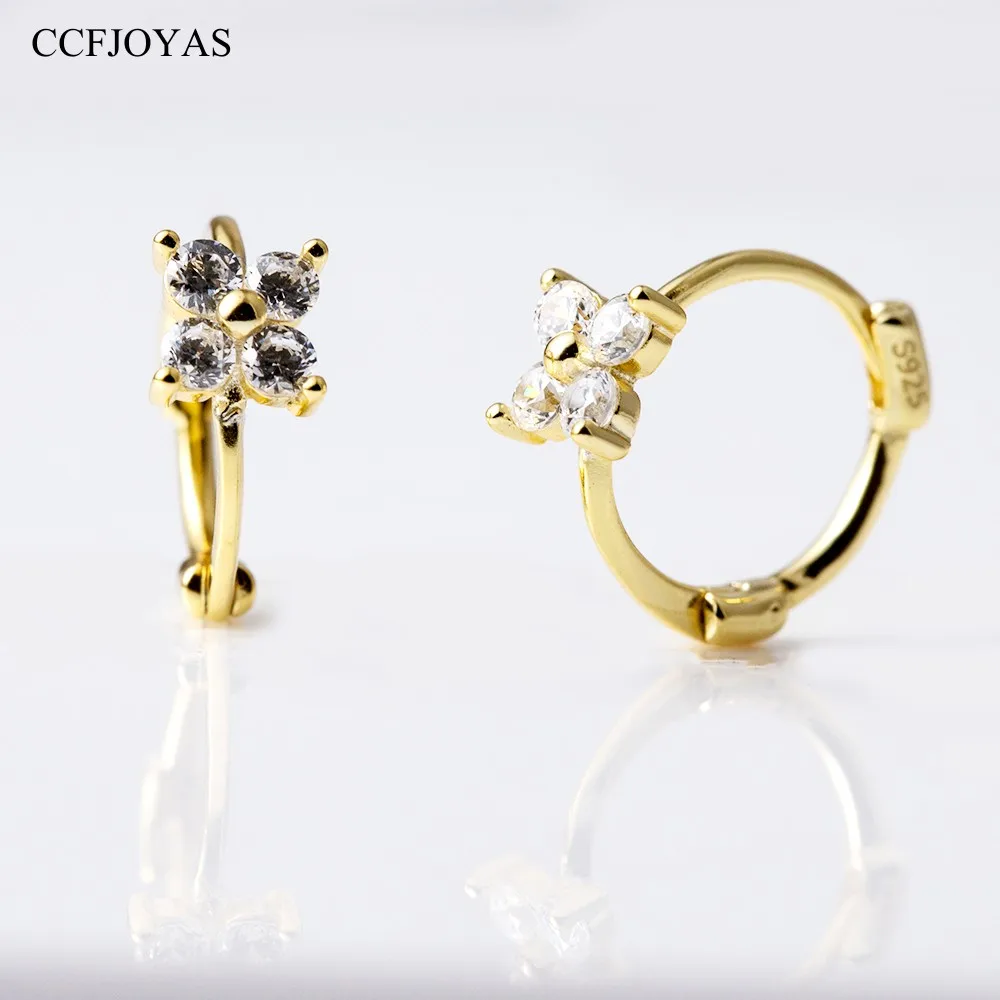 

CCFJOYAS 925 Sterling Silver Mini Clear Zircon Flower Small Hoop Earrings for Girl Gold Silver Piercing Earrings Fine Jewelry