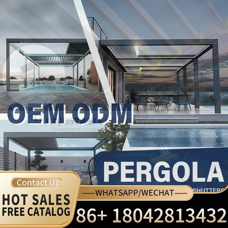 4M X 4M Outdoor Bioclimatic Aluminum Pergola Motorized Frame Powder Coated Easy Assembly with Optional LED for Garden Patio Back