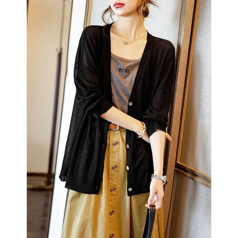 

Spring and Autumn New Style Simple Mid-length Cardigan Jacket Thin Breathable Outer Knitted Air-conditioning Shirt