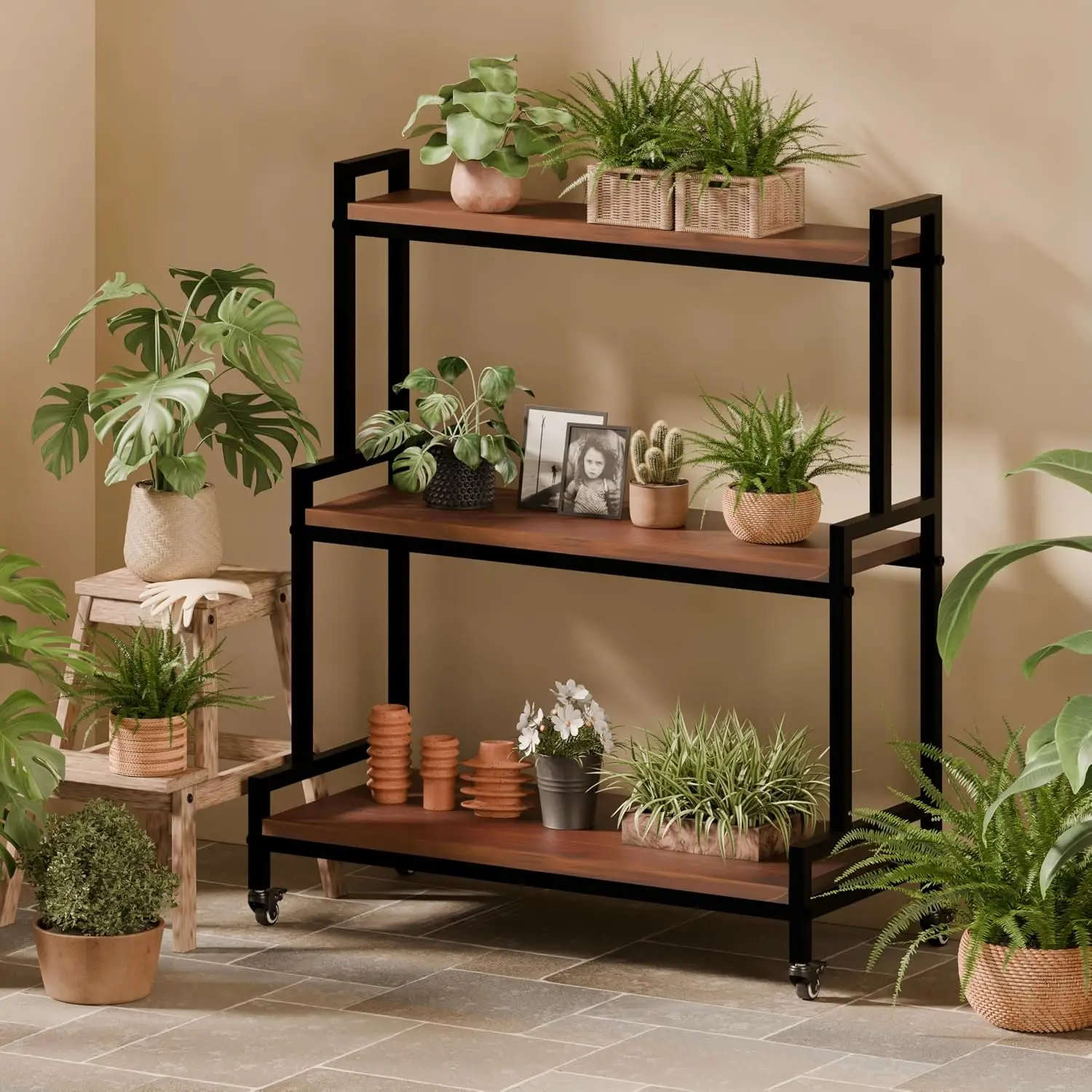 3 Tier Plant Stand with Wheels, Wooden Indoor Plant Shelf Rack,Walnut