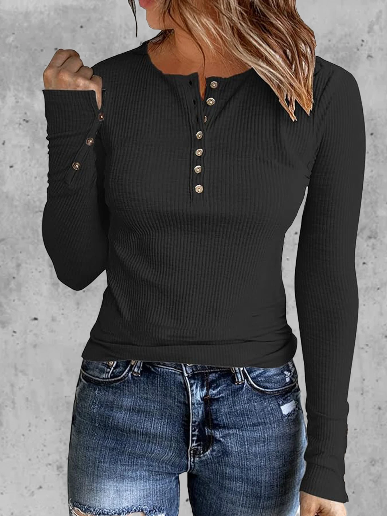 Women's Long Sleeve Tops Button Down Henley Basic Layering Shirts Crew Neck Solid Ribbed Knit Pullover Sweaters Blouses