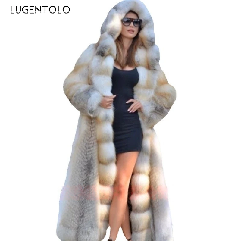 Women Faux Fur Coat Thicked Hooded Warm Winter Female New Large Size Loose Elegant Long Sleeve White Fur Cloth