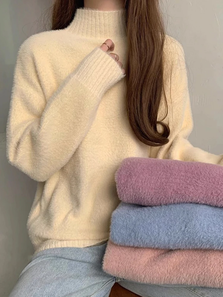 Soft Cozy Women's Knitted Sweater f High Collar Autumn Winter Inner Wear Faux Mink Velvet Lazy Sle Base irt Sweet Sle