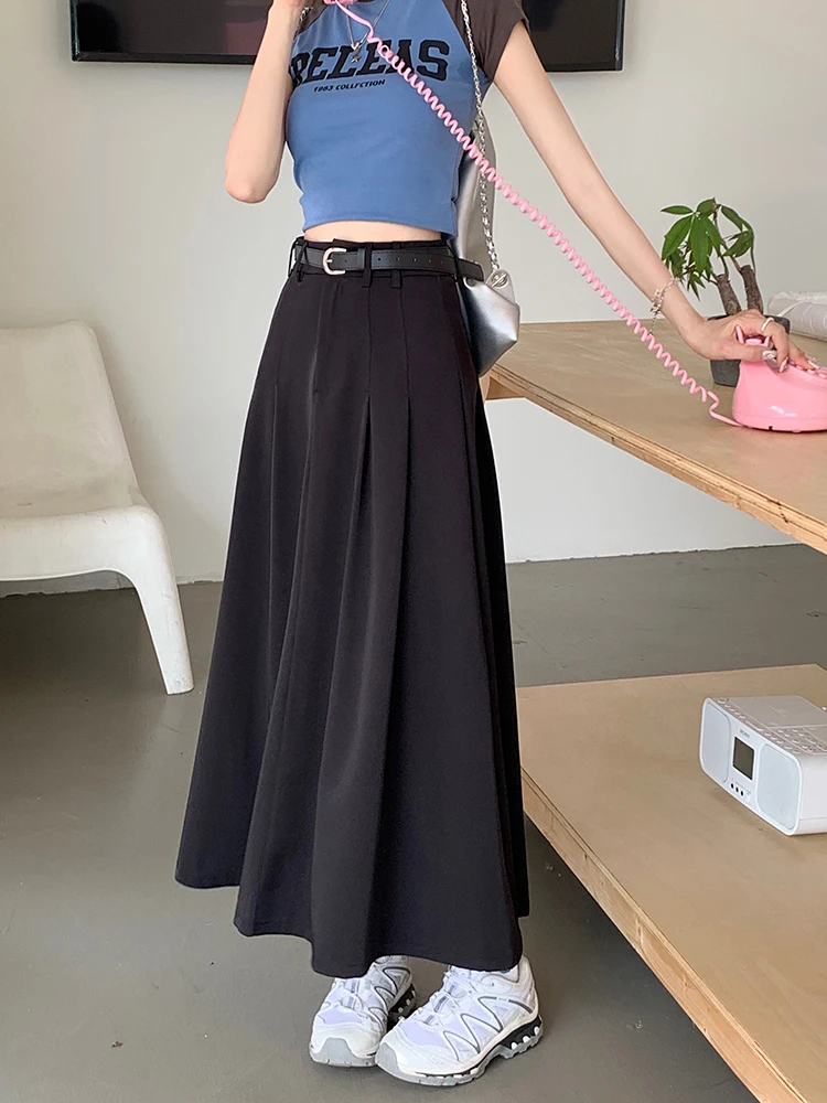 

Korean High Waist Pleated Woman Skirt Solid Zipper Female 2023 Summer Skirts Lady Casual Fashion Midi A-line Clothes