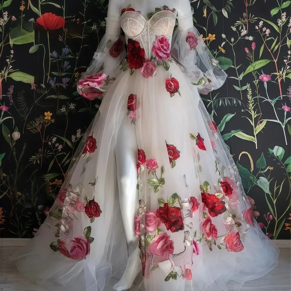 Colorful Embroidered Wedding Dress Bride Sweetheart Backless Pastoral Marriage Bridal Flower Dresses Long Prom Gowns