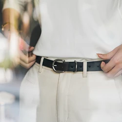 Maden Women's Belt Retro vegetable Tanned First Layer Genuine Cowhide Leather Small Belt Simple Double Ring Decorative Thin Belt