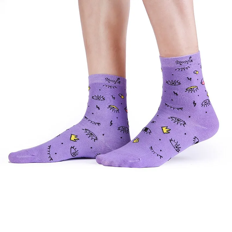 Calcetines de algodón divertidos Kawaii para mujer, calcetines deportivos originales simples con estampado de ojos del mundo, calcetines de tubo medio para mujer X129