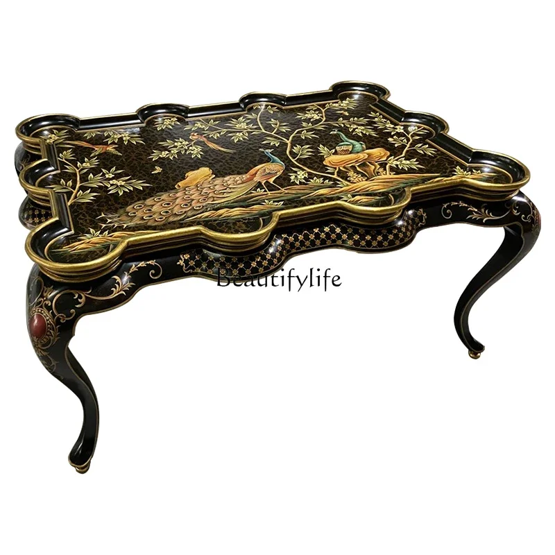 

FG10*European luxury hand-painted peacock coffee table Chinese neoclassical living room square table French villa solid wood bla