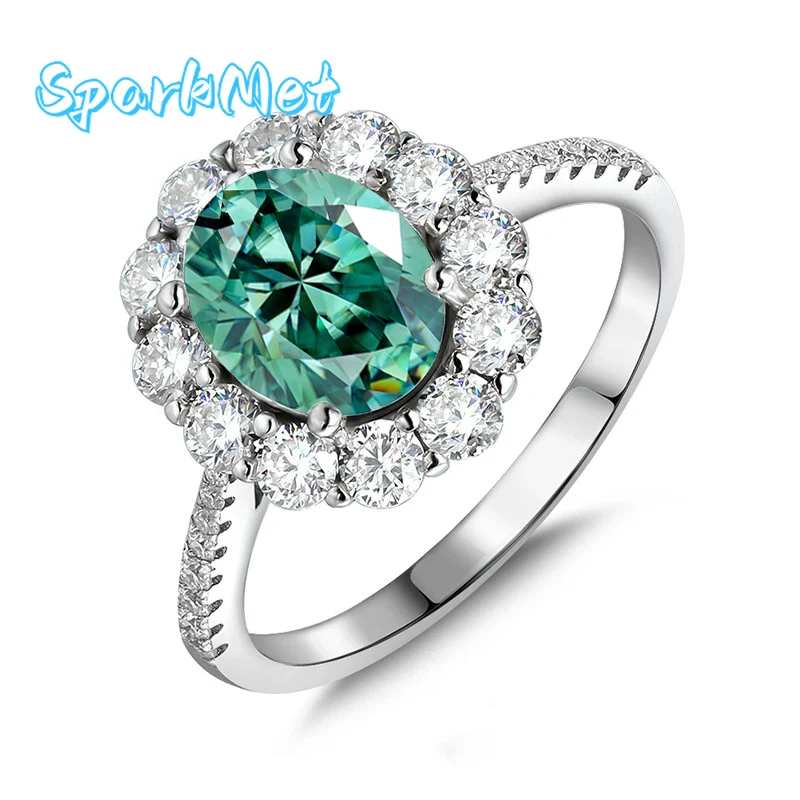

SparkMet 100% 2ct овальное кольцо с муассанитом из бирюзового кольца для женщин 7x9 мм с сертификатом пройдено на годовщину ювелирные изделия подарок S925 серебро