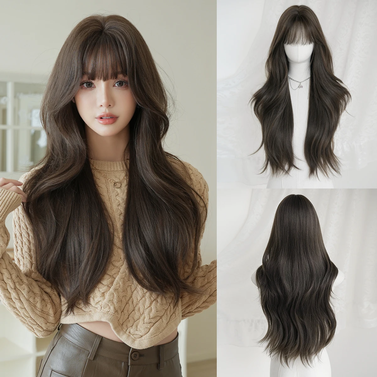 

NAMM Warm Brown Long Straight Wig With Bangs Natural Fashion Synthetic Wig Heat Resistant Fiber Wig For Daily Party Cosplay Use
