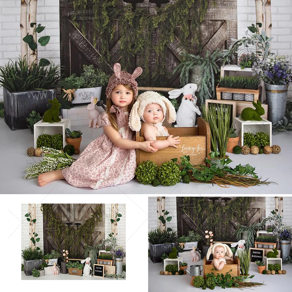 

Spring Easter Background Children Green Plants Rabbit Decoration Backdrop Baby Portrait Newborn Photoshoot Photo Studio Props