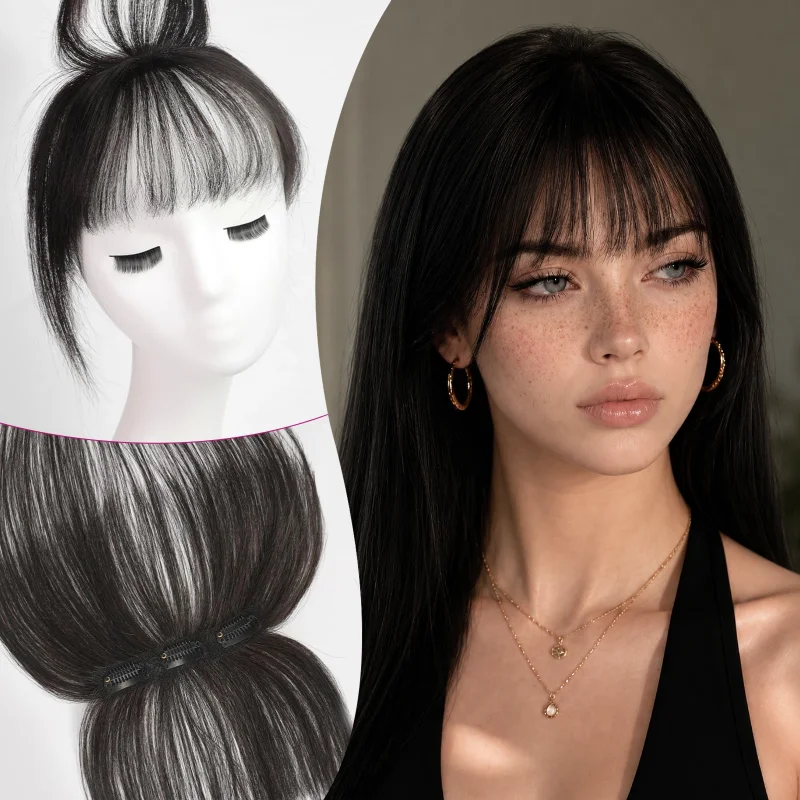 Upgraded 3D Air Wispy Bangs 100% Human Hair Natural Black Fringe with Sideburns Clip in Hair Extensions for Women Daily
