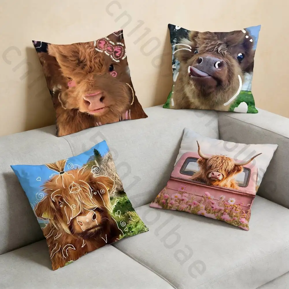 

Cute Highland Cow Pillow Case Square Double-Sided Printing Short Plush Sofa Cushion Cover Bedroom Bedside Pillow