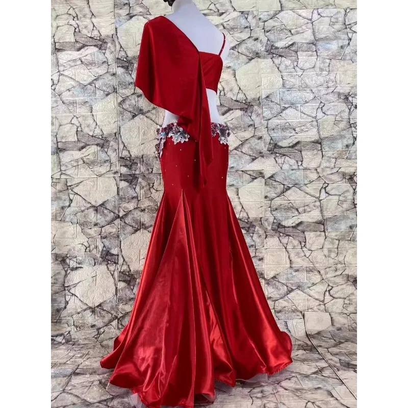 Customized Belly Dance Costumes Red Ruffle Top Bag Big Swing Skirt Performance Dress Set Eastern Dance Super Flash Dress