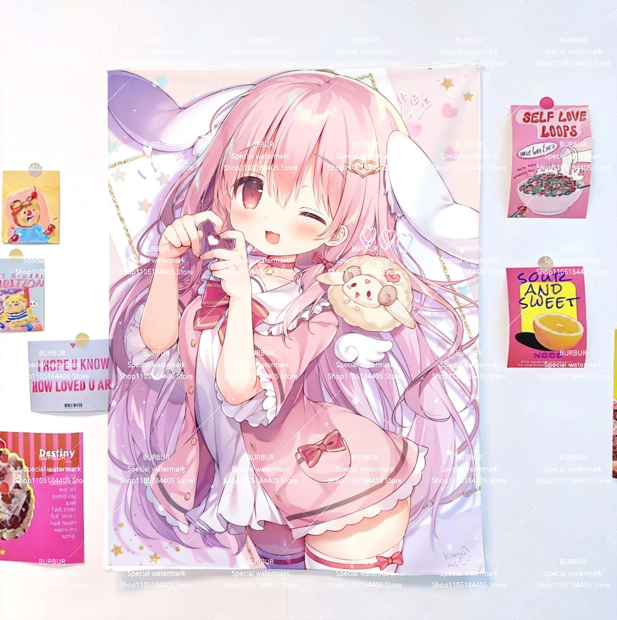 A cute bunny with floppy ears decorated wall hanging item that is warm and cozy. A princess-style bedroom background fabric with