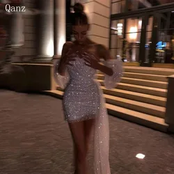 Qanz weiß kurze Cocktail kleider funkeln Fleck abnehmbare Ärmel Mini Meerjungfrau Ballkleid lange Zug Korsett Kleid Party Nacht