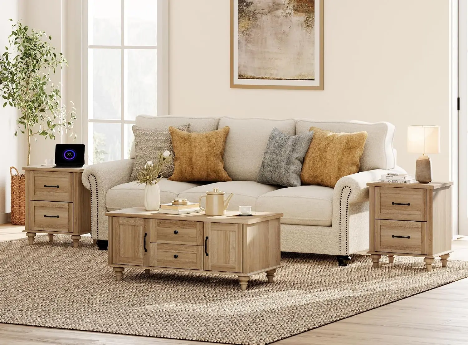 3-Piece Table Set, 2 Nightstands with Charging Station & Coffee Table with Storage Cabinet & Drawer, Oak, Customized