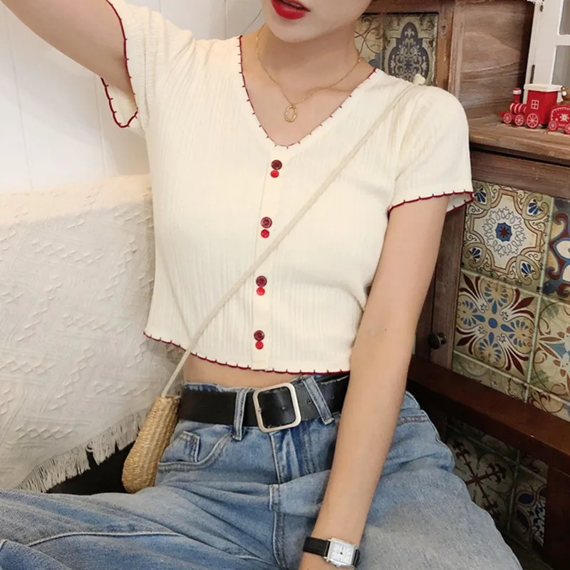 V Neck Patchwork Women Short Sleeve Knitted Crop Top Casual T-Shirt Top T Shirt