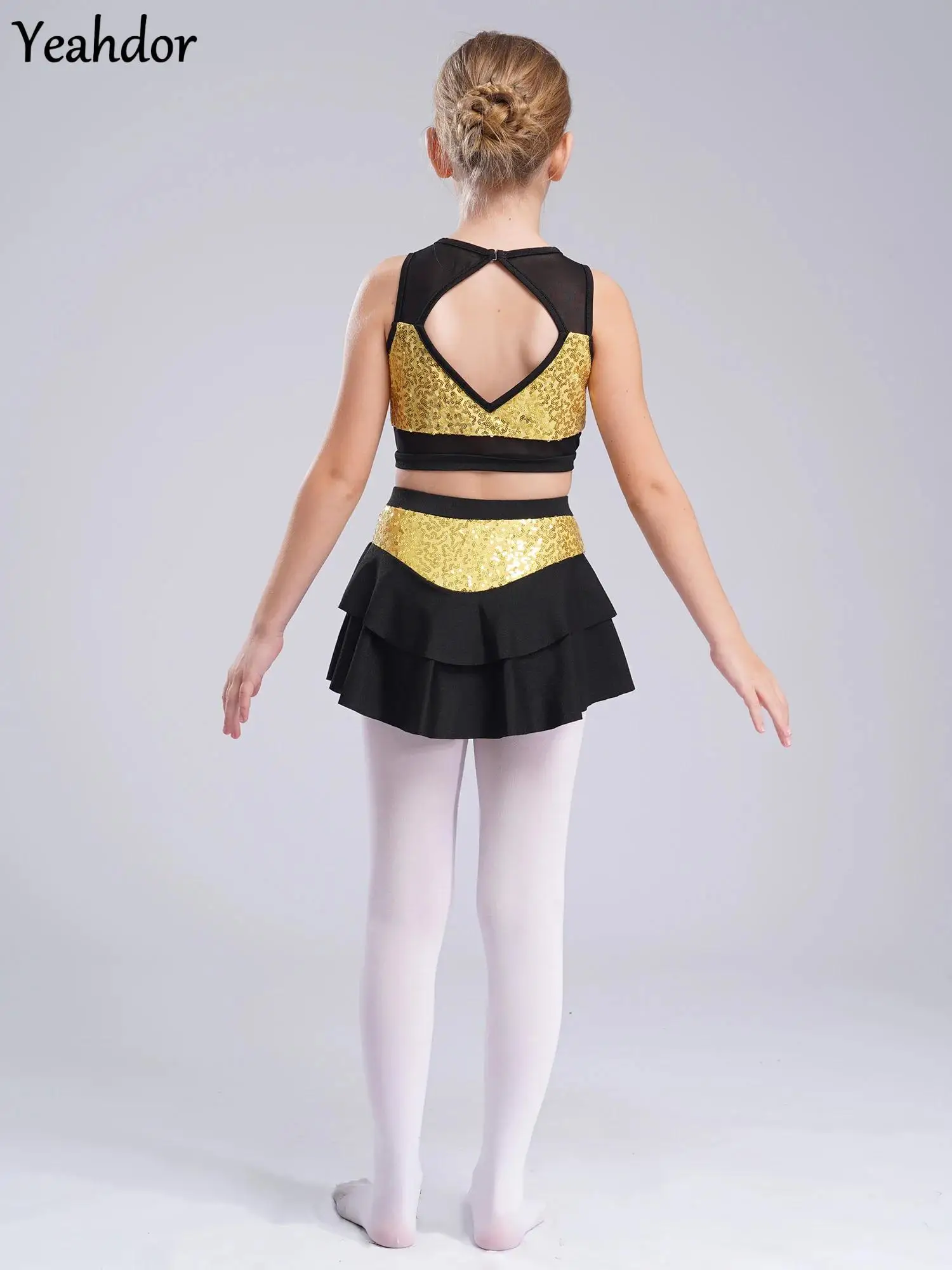 

Kids Girls Shiny Sequins Crop Top with Tiered Skirt Jazz Street Dance Outfit School Basketball Cheerleading Performance C