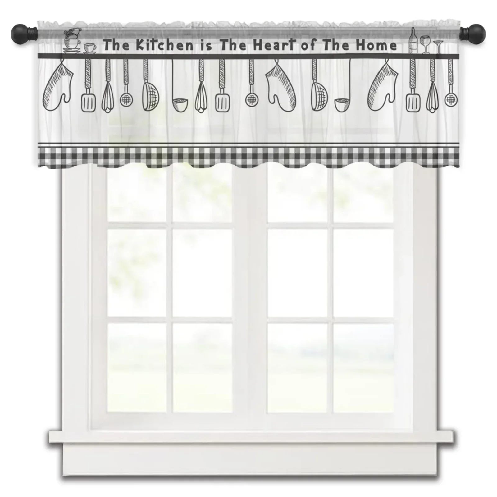 Kitchen Utensils Plaid Short Tulle Window Curtains Sheer Voile Curtain Kitchen Cabinet Valance Bedroom Home Decor Small Drapes