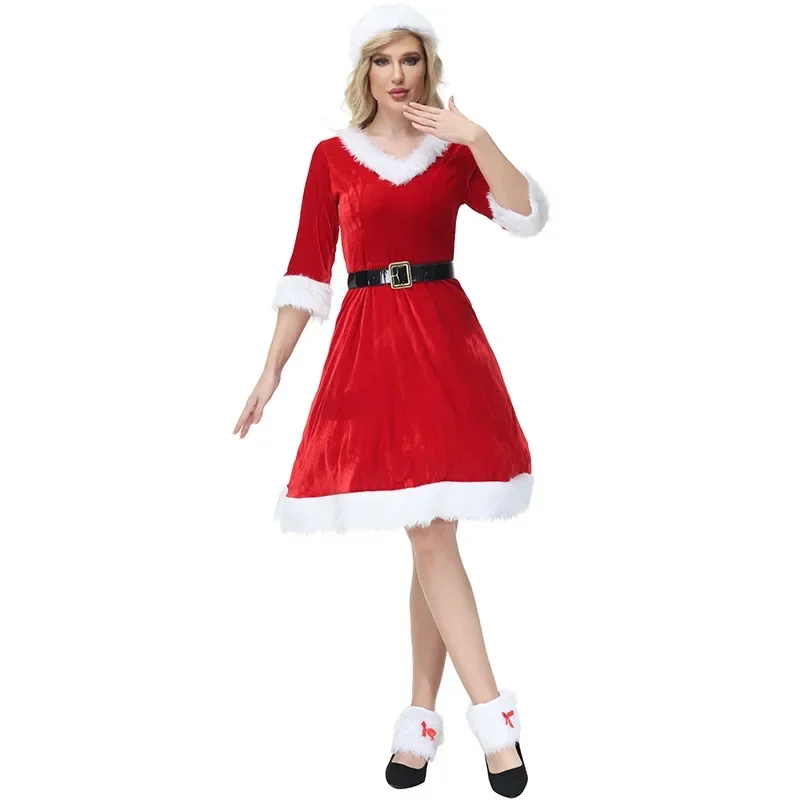 

Women Christmas Sexy Santa Outfit Mrs. Claus Costume Set Adult Christmas Santa Claus Costume Red Dress and Santa Hat