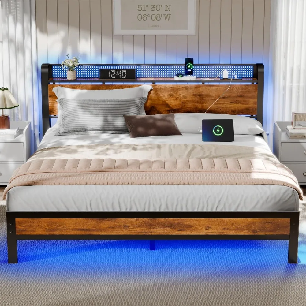 

Queen Bed Frame with Charging Station and LED Lights,Industrial Platform Beds Queen Size with Storage Headboard