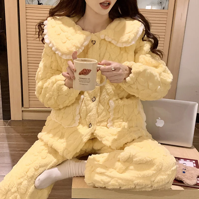 2023 New Pajamas Women Winter Three-Layer Cotton Velvet Flannel Plus Velvet Thickened Warm Girls Cute Home Clothes Set